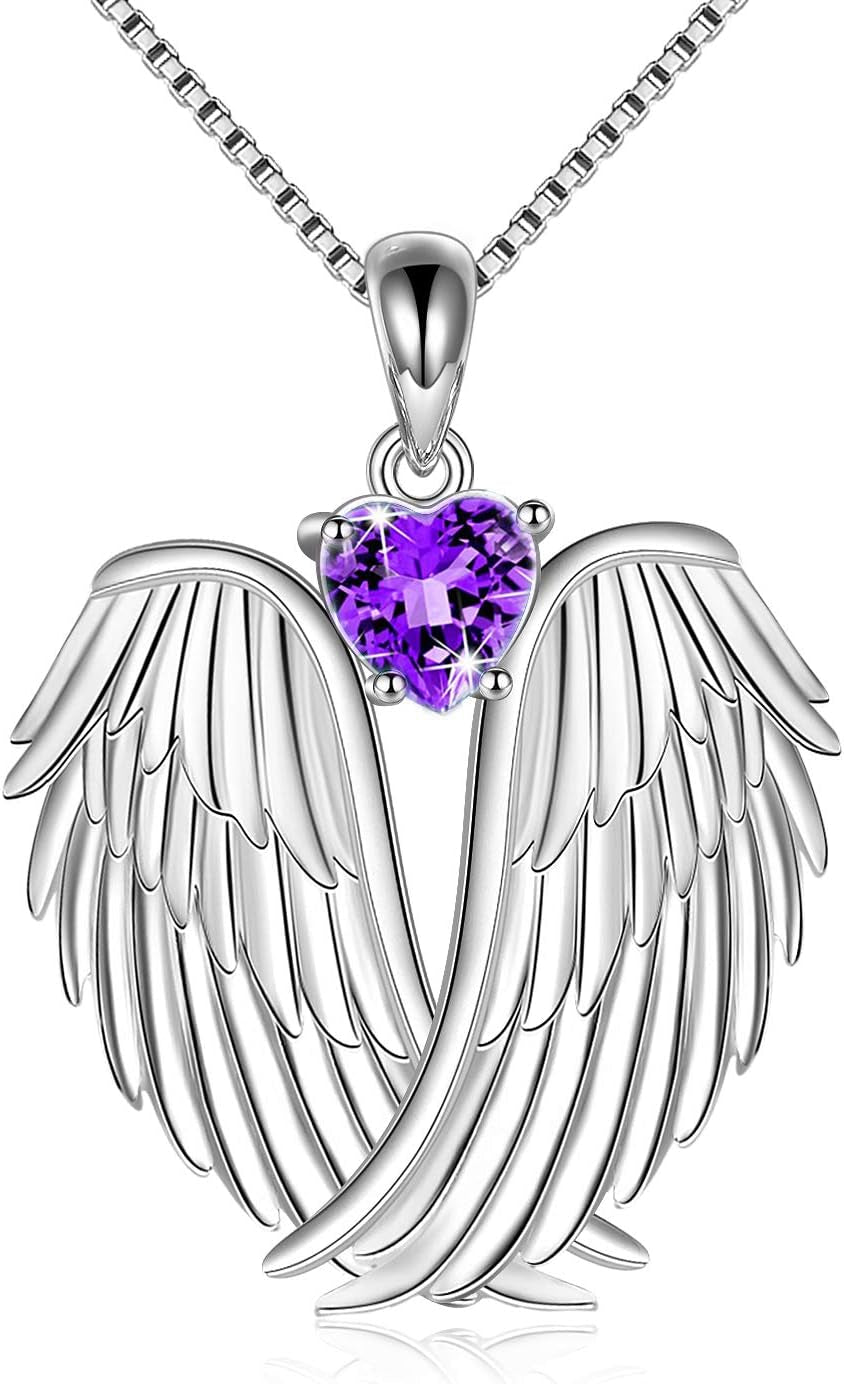 YFN Angel Wings Necklace 925 Sterling Silver Guardian Angel Wings Pendant Necklace Birthstone Necklace for Women Girls Christmas Jewelry Gifts