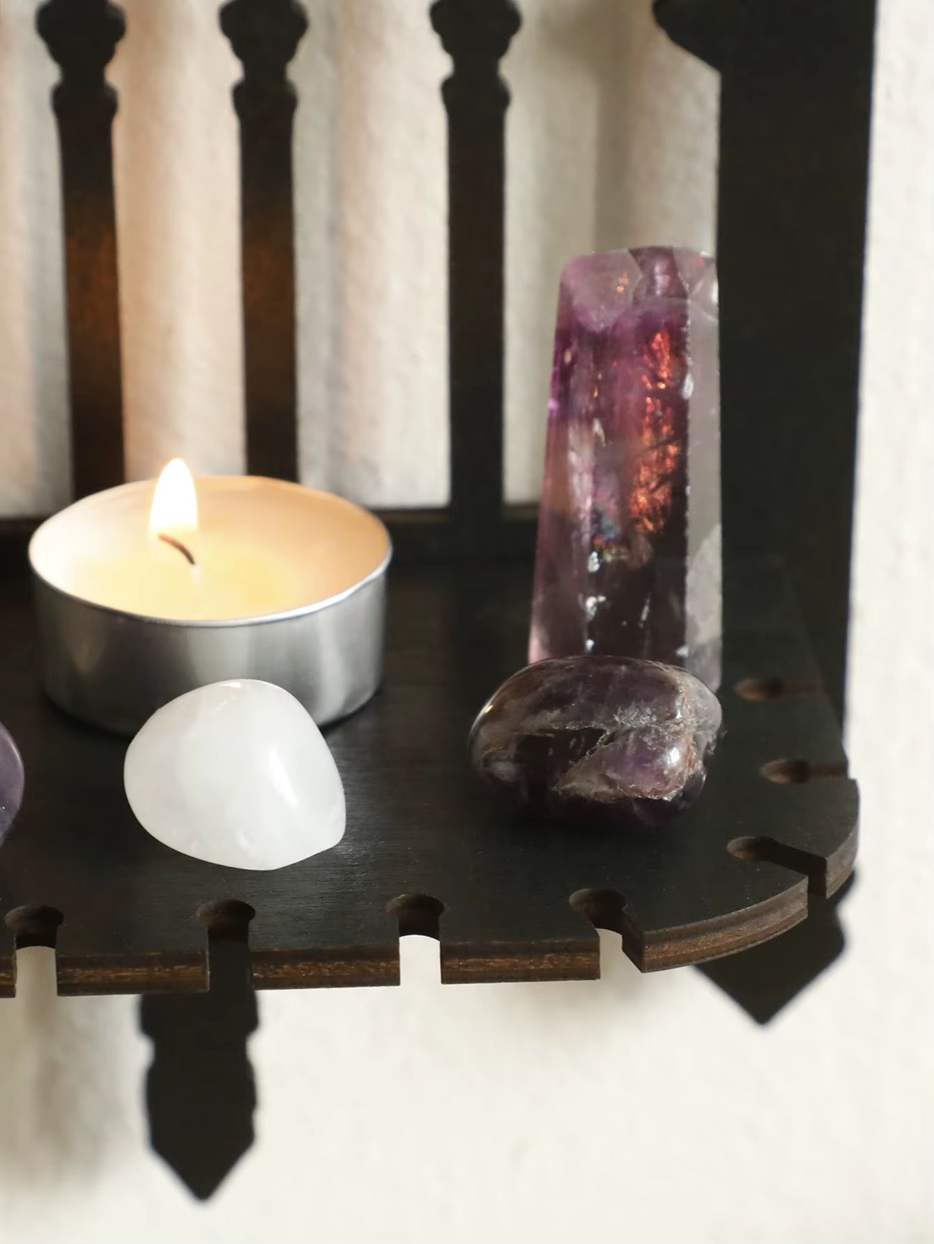 Black Gothic Wooden Floating Shelf - Vintage Fence Design Wall Decor and Crystal Holder