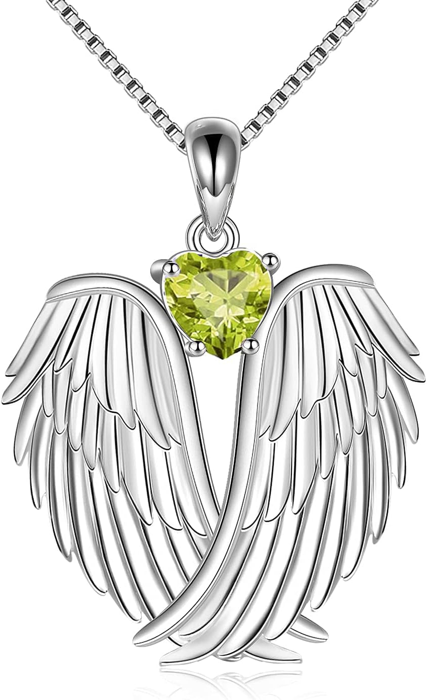 YFN Angel Wings Necklace 925 Sterling Silver Guardian Angel Wings Pendant Necklace Birthstone Necklace for Women Girls Christmas Jewelry Gifts