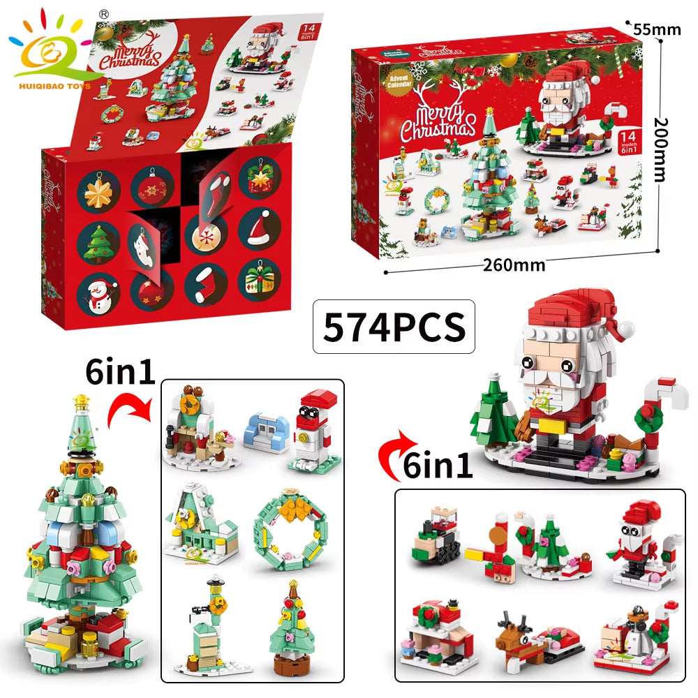 HUIQIBAO 12-Day Christmas Countdown Santa Claus Model Building Blocks Set - 6-in-1 Elk Brick Toys for Children and Adults