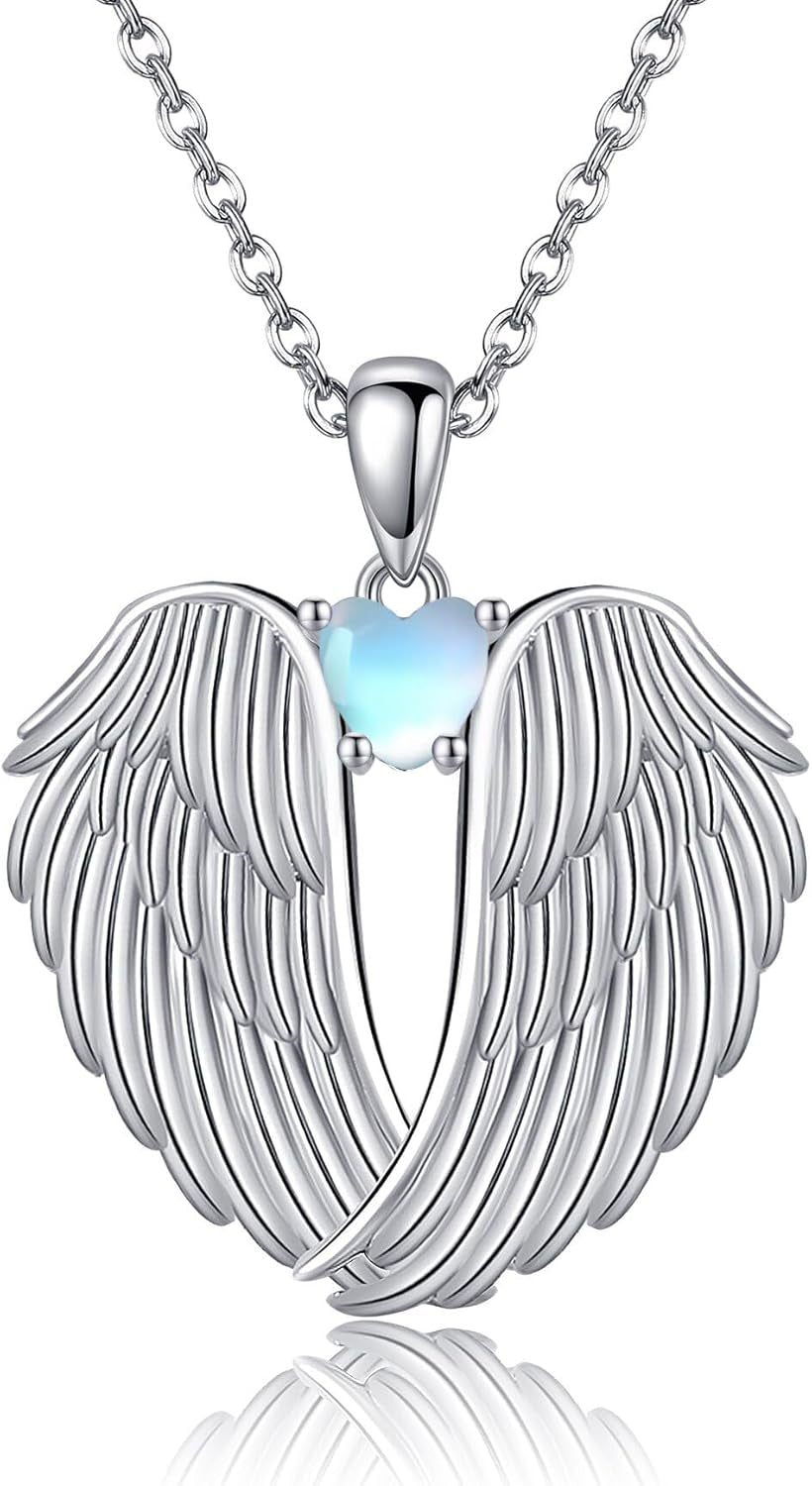YFN Angel Wings Necklace 925 Sterling Silver Guardian Angel Wings Pendant Necklace Birthstone Necklace for Women Girls Christmas Jewelry Gifts