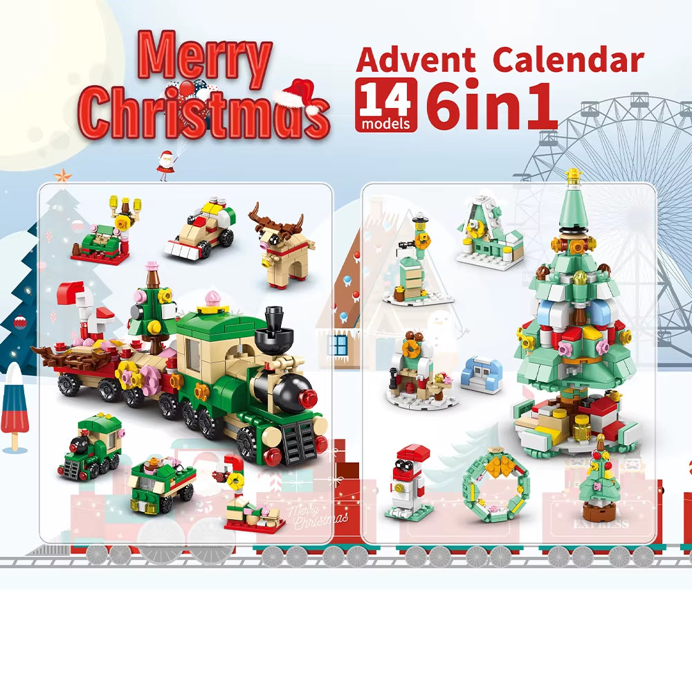 HUIQIBAO 12-Day Christmas Countdown Santa Claus Model Building Blocks Set - 6-in-1 Elk Brick Toys for Children and Adults