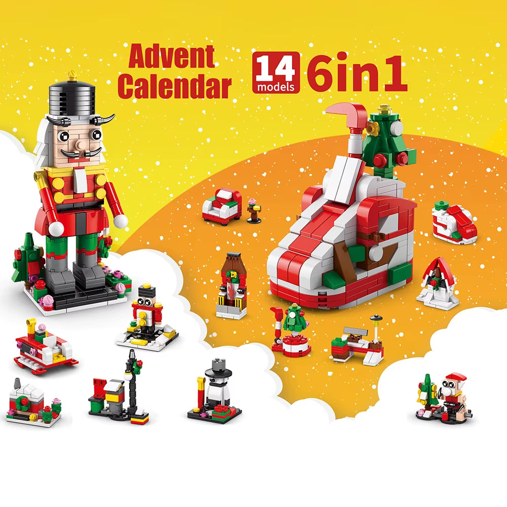 HUIQIBAO 12-Day Christmas Countdown Santa Claus Model Building Blocks Set - 6-in-1 Elk Brick Toys for Children and Adults