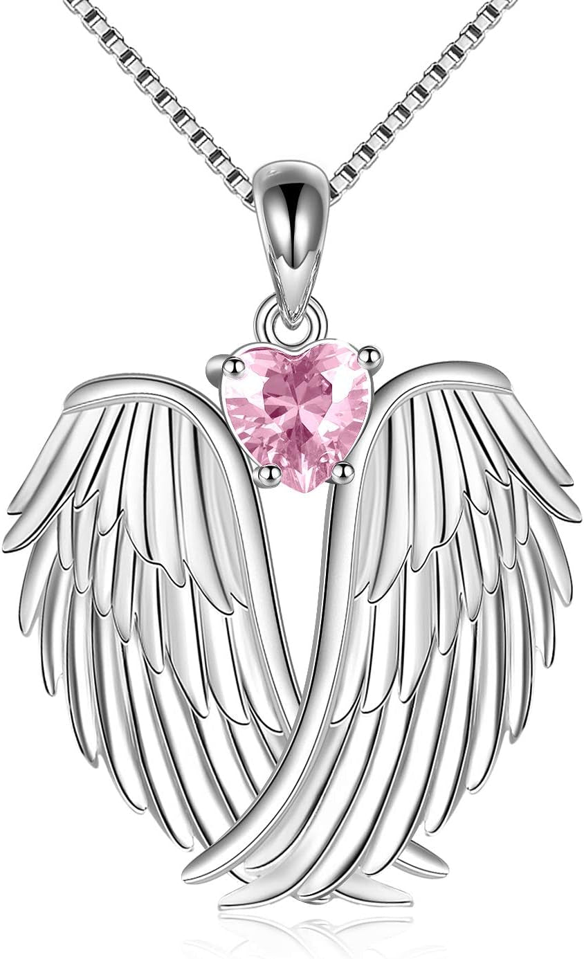 YFN Angel Wings Necklace 925 Sterling Silver Guardian Angel Wings Pendant Necklace Birthstone Necklace for Women Girls Christmas Jewelry Gifts