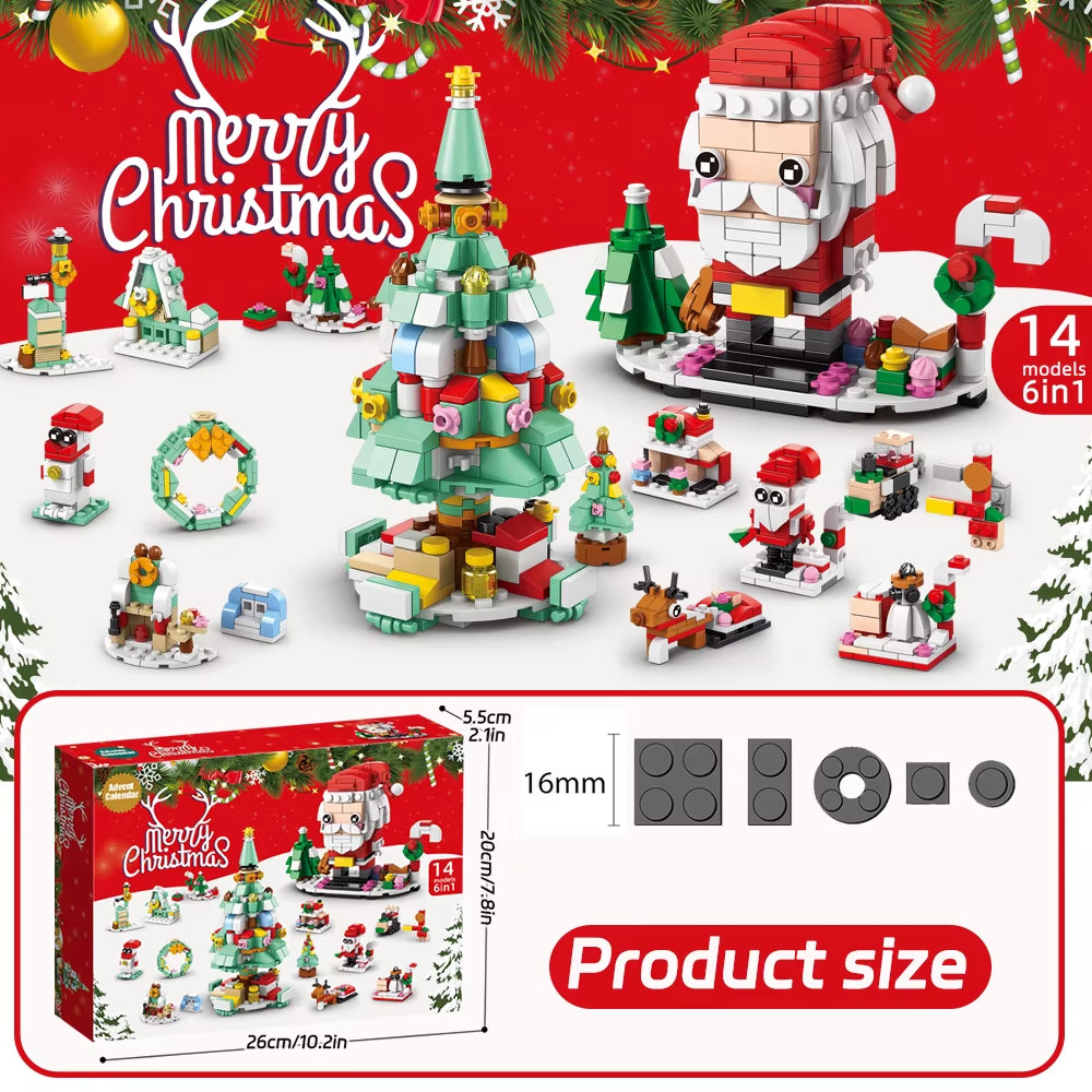HUIQIBAO 12-Day Christmas Countdown Santa Claus Model Building Blocks Set - 6-in-1 Elk Brick Toys for Children and Adults