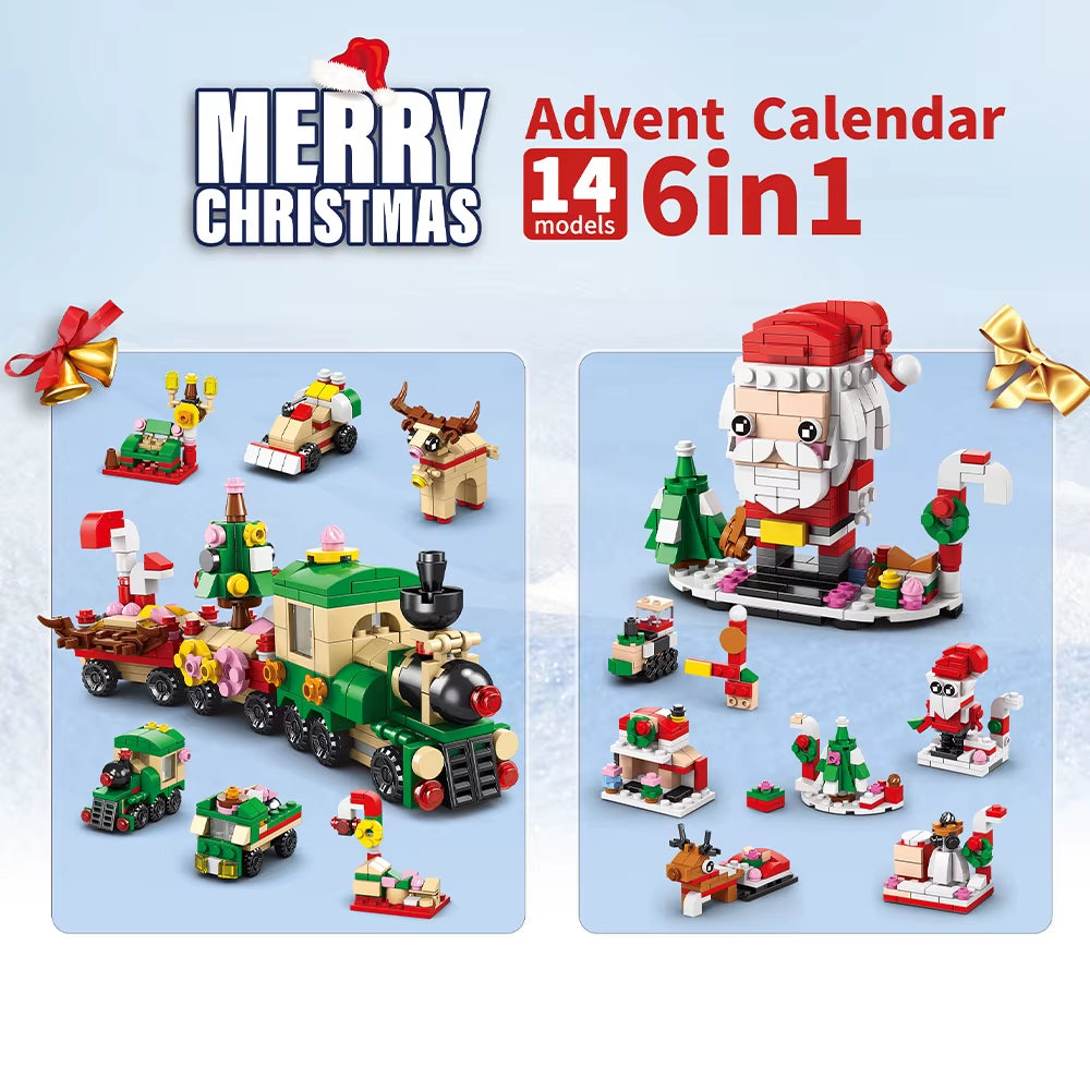 HUIQIBAO 12-Day Christmas Countdown Santa Claus Model Building Blocks Set - 6-in-1 Elk Brick Toys for Children and Adults