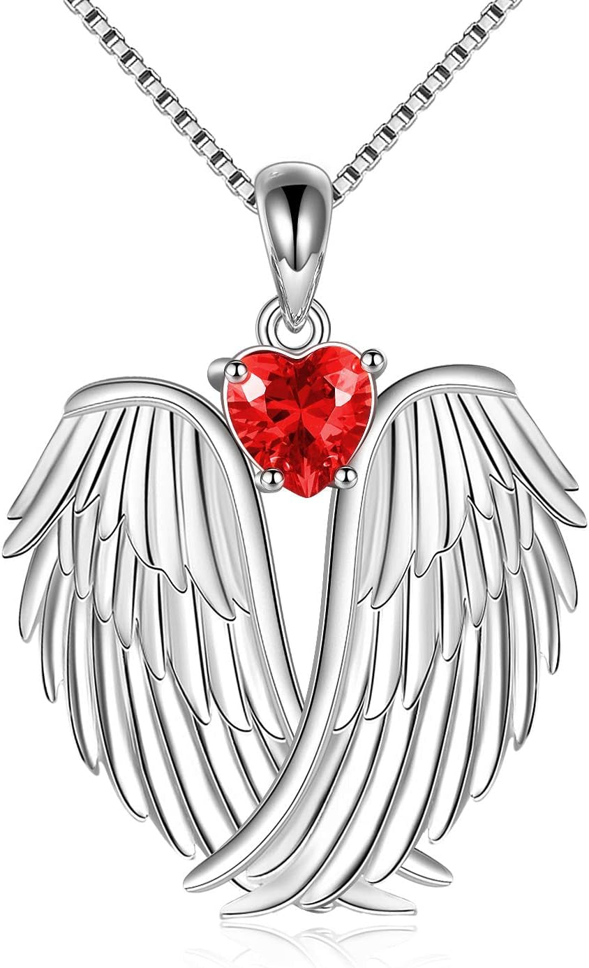 YFN Angel Wings Necklace 925 Sterling Silver Guardian Angel Wings Pendant Necklace Birthstone Necklace for Women Girls Christmas Jewelry Gifts