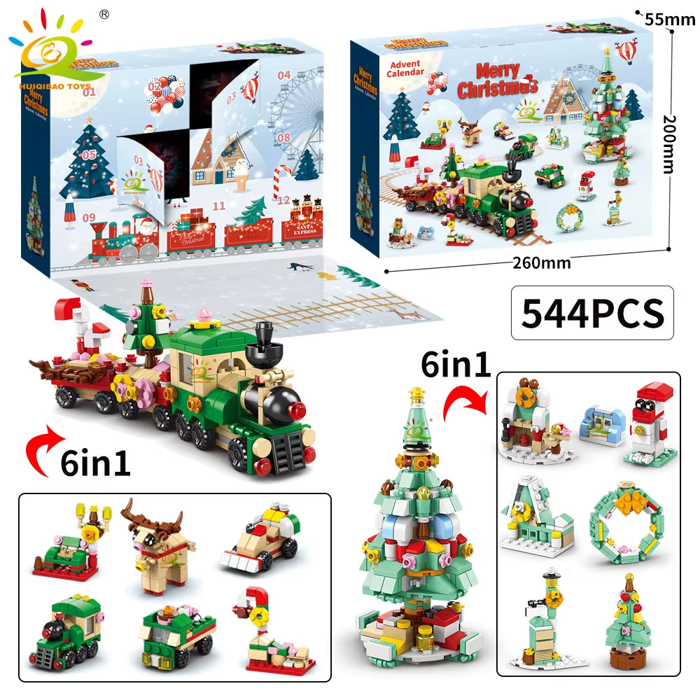 HUIQIBAO 12-Day Christmas Countdown Santa Claus Model Building Blocks Set - 6-in-1 Elk Brick Toys for Children and Adults