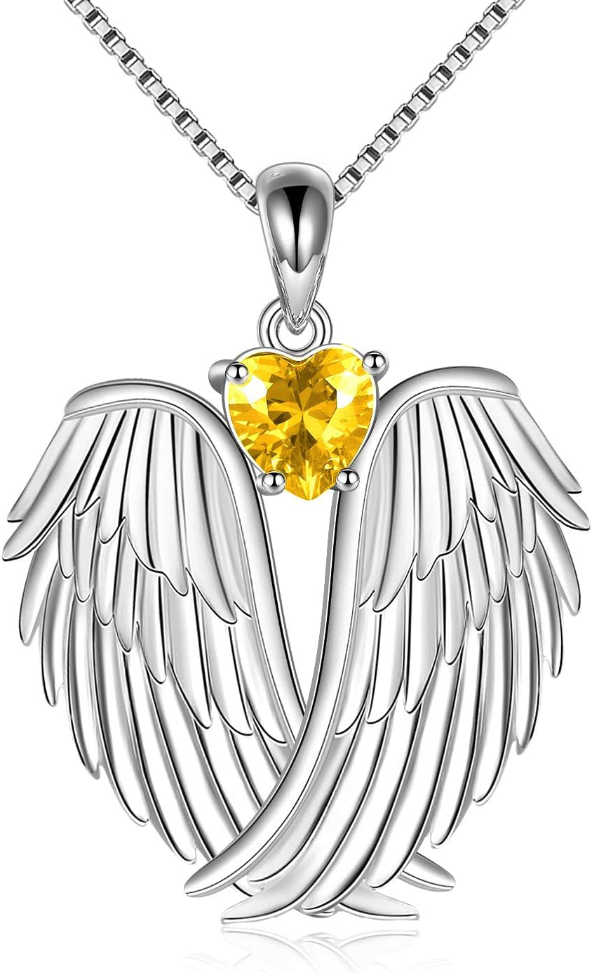 YFN Angel Wings Necklace 925 Sterling Silver Guardian Angel Wings Pendant Necklace Birthstone Necklace for Women Girls Christmas Jewelry Gifts