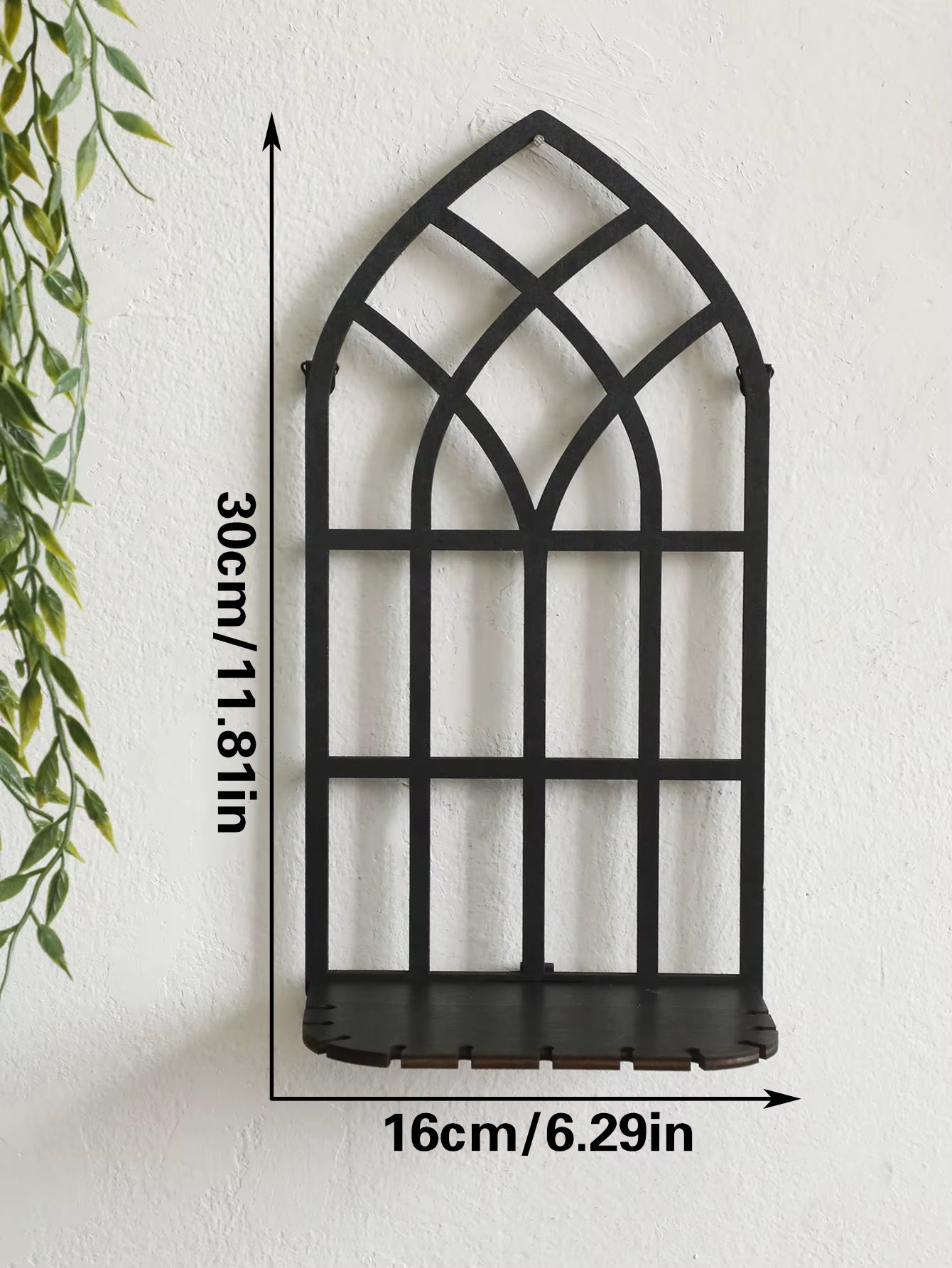 Black Gothic Wooden Floating Shelf - Vintage Fence Design Wall Decor and Crystal Holder