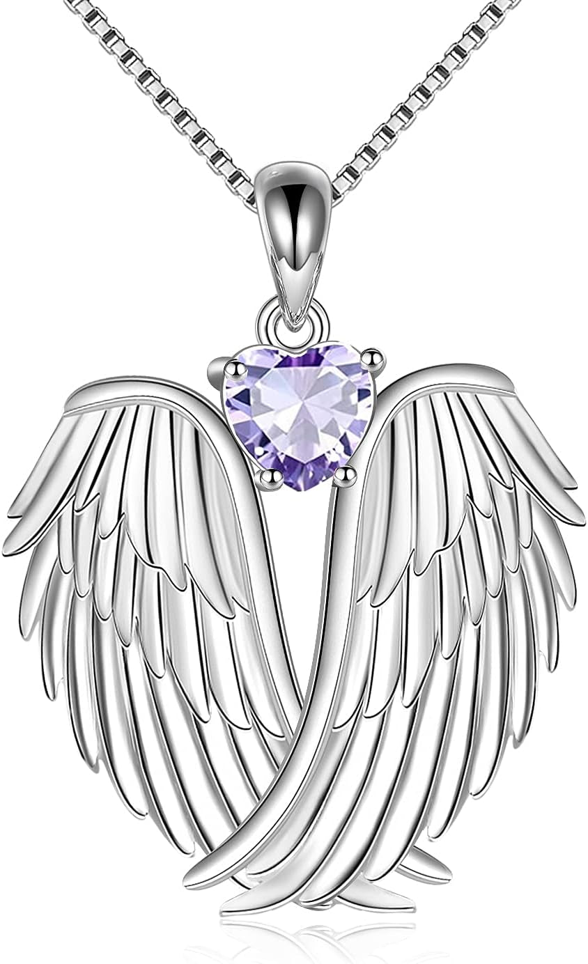 YFN Angel Wings Necklace 925 Sterling Silver Guardian Angel Wings Pendant Necklace Birthstone Necklace for Women Girls Christmas Jewelry Gifts