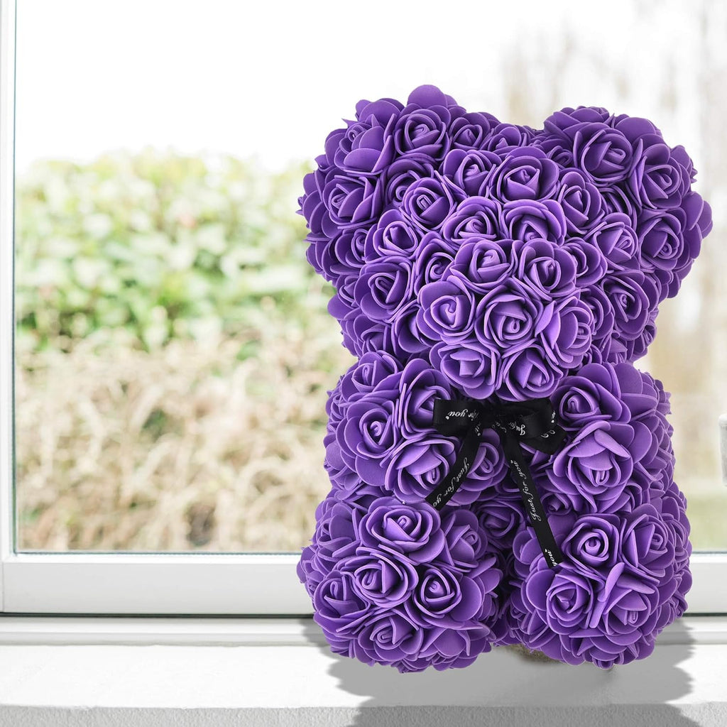 Artificial Flowers Rose Bear ,Rose Teddy Bear, Flower Bear Cub, Forever Rose Everlasting Flower for Window Display, Anniversary Christmas Valentines Gift (Purple)