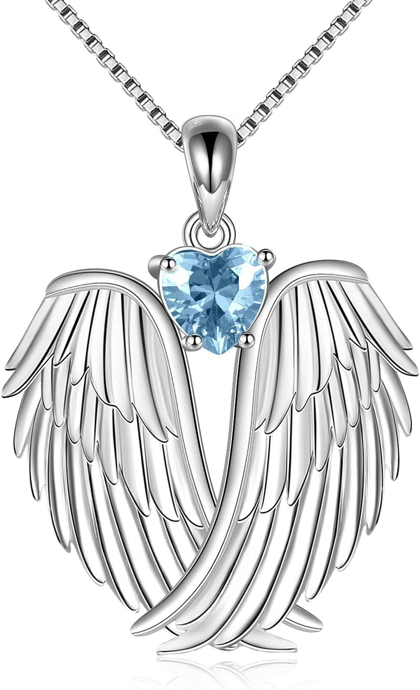 YFN Angel Wings Necklace 925 Sterling Silver Guardian Angel Wings Pendant Necklace Birthstone Necklace for Women Girls Christmas Jewelry Gifts