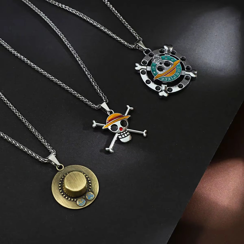 New Anime One Piece Luffy Necklace Men and Women Straw Hat Ace around Metal Pendant Luo Logo Sweater Chain Birthday Gift