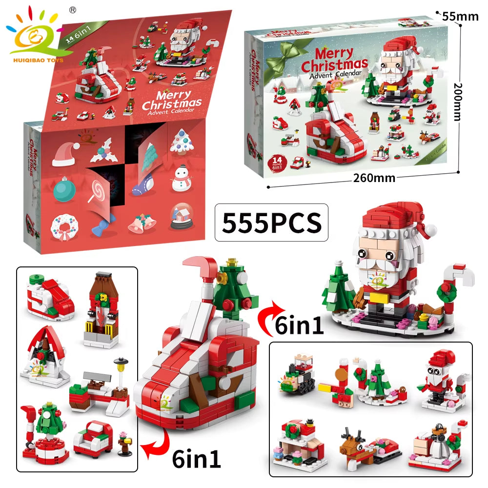 HUIQIBAO 12-Day Christmas Countdown Santa Claus Model Building Blocks Set - 6-in-1 Elk Brick Toys for Children and Adults