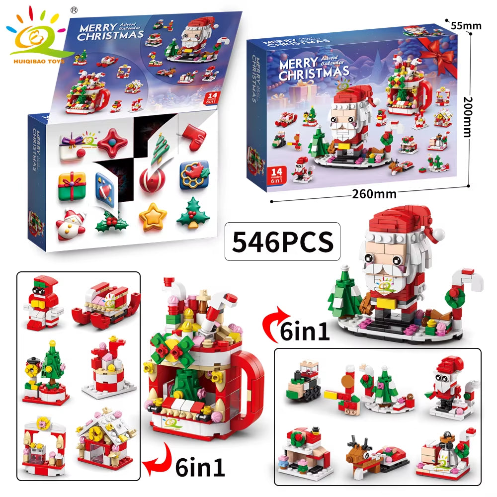 HUIQIBAO 12-Day Christmas Countdown Santa Claus Model Building Blocks Set - 6-in-1 Elk Brick Toys for Children and Adults