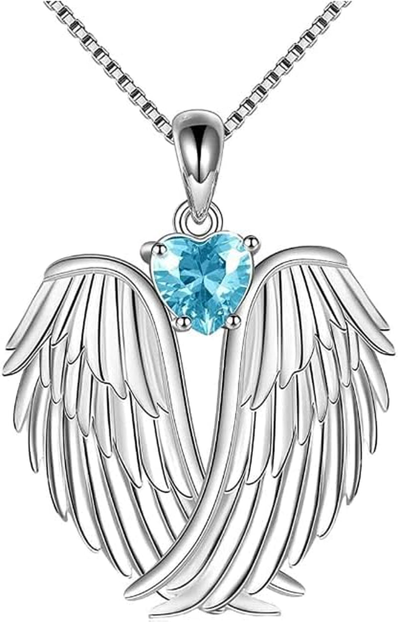 YFN Angel Wings Necklace 925 Sterling Silver Guardian Angel Wings Pendant Necklace Birthstone Necklace for Women Girls Christmas Jewelry Gifts