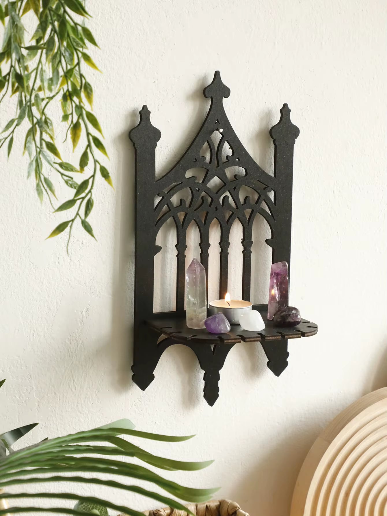 Black Gothic Wooden Floating Shelf - Vintage Fence Design Wall Decor and Crystal Holder