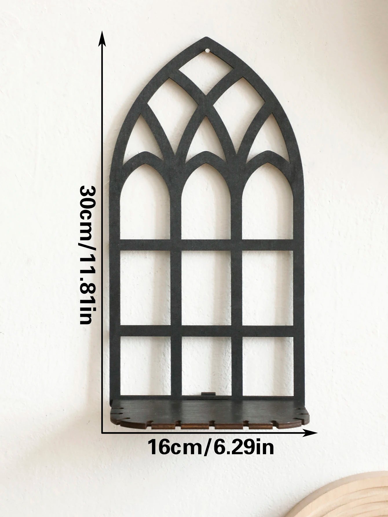 Black Gothic Wooden Floating Shelf - Vintage Fence Design Wall Decor and Crystal Holder