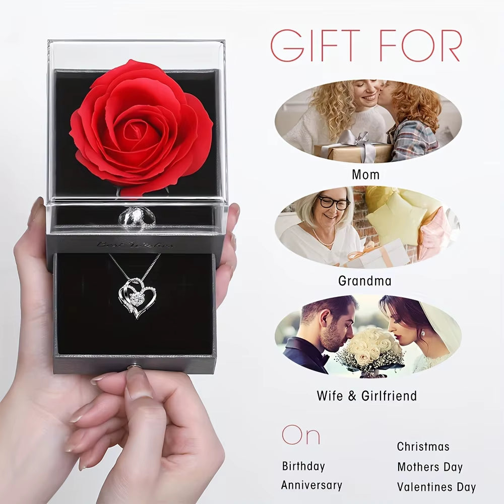 Elegant Rose Box with Heart Necklace - Ideal Gift for Women on Anniversaries, Birthdays, Christmas, and M's Day