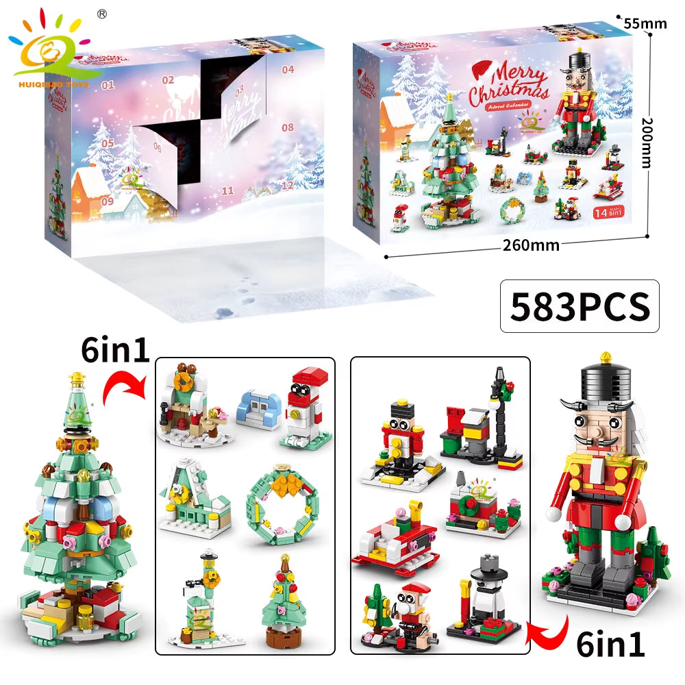 HUIQIBAO 12-Day Christmas Countdown Santa Claus Model Building Blocks Set - 6-in-1 Elk Brick Toys for Children and Adults