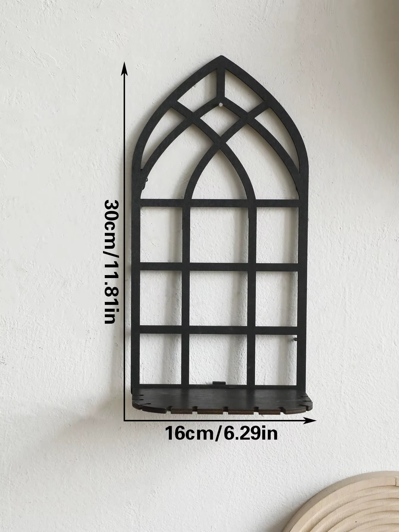 Black Gothic Wooden Floating Shelf - Vintage Fence Design Wall Decor and Crystal Holder