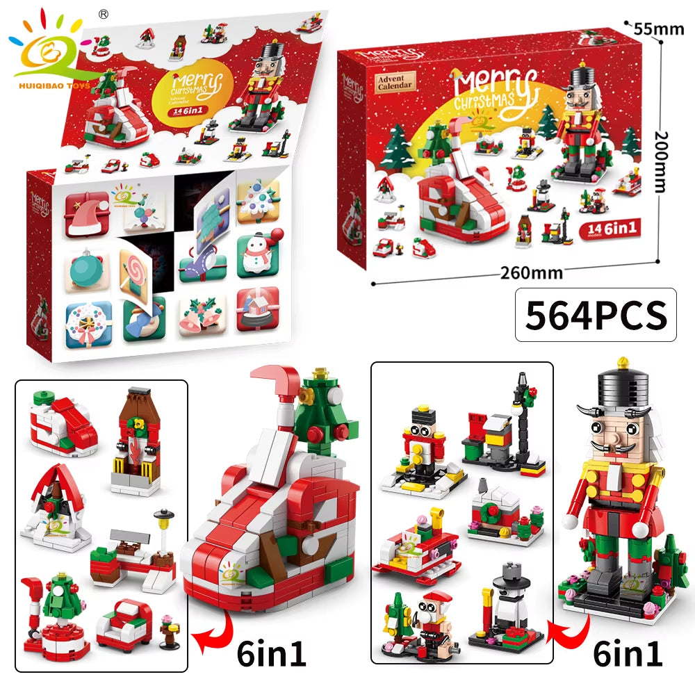 HUIQIBAO 12-Day Christmas Countdown Santa Claus Model Building Blocks Set - 6-in-1 Elk Brick Toys for Children and Adults