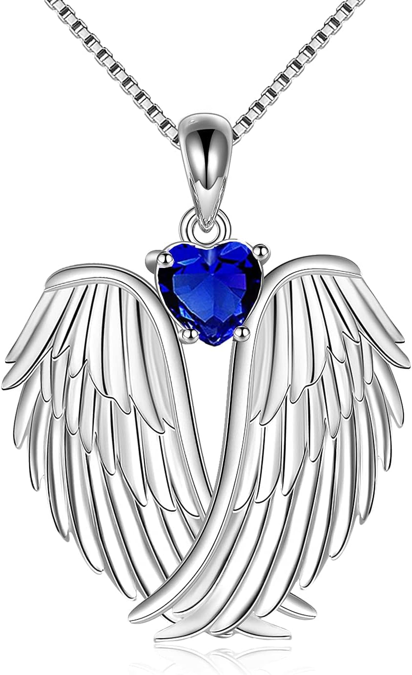 YFN Angel Wings Necklace 925 Sterling Silver Guardian Angel Wings Pendant Necklace Birthstone Necklace for Women Girls Christmas Jewelry Gifts