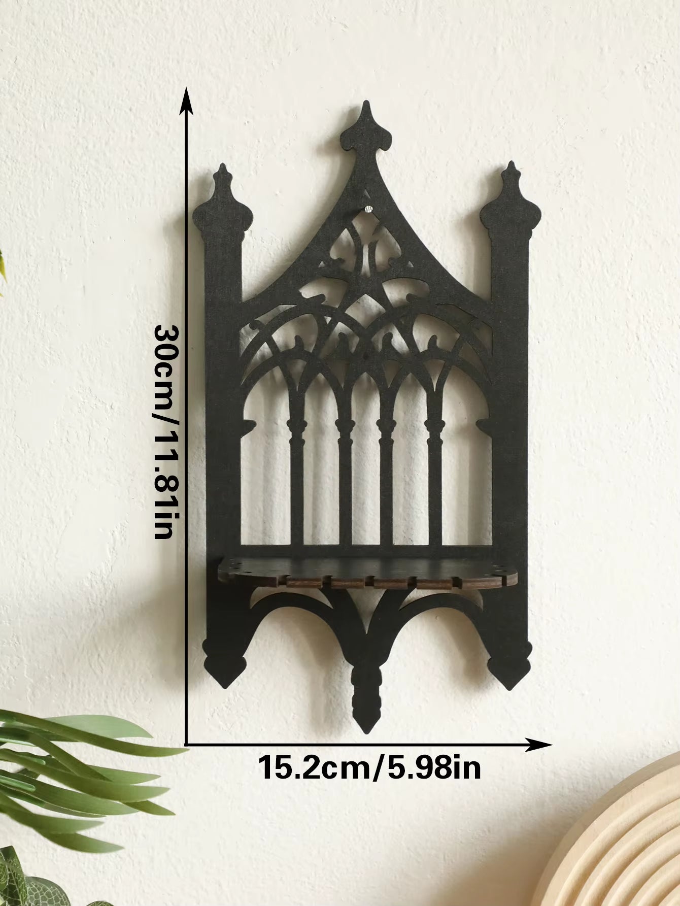 Black Gothic Wooden Floating Shelf - Vintage Fence Design Wall Decor and Crystal Holder