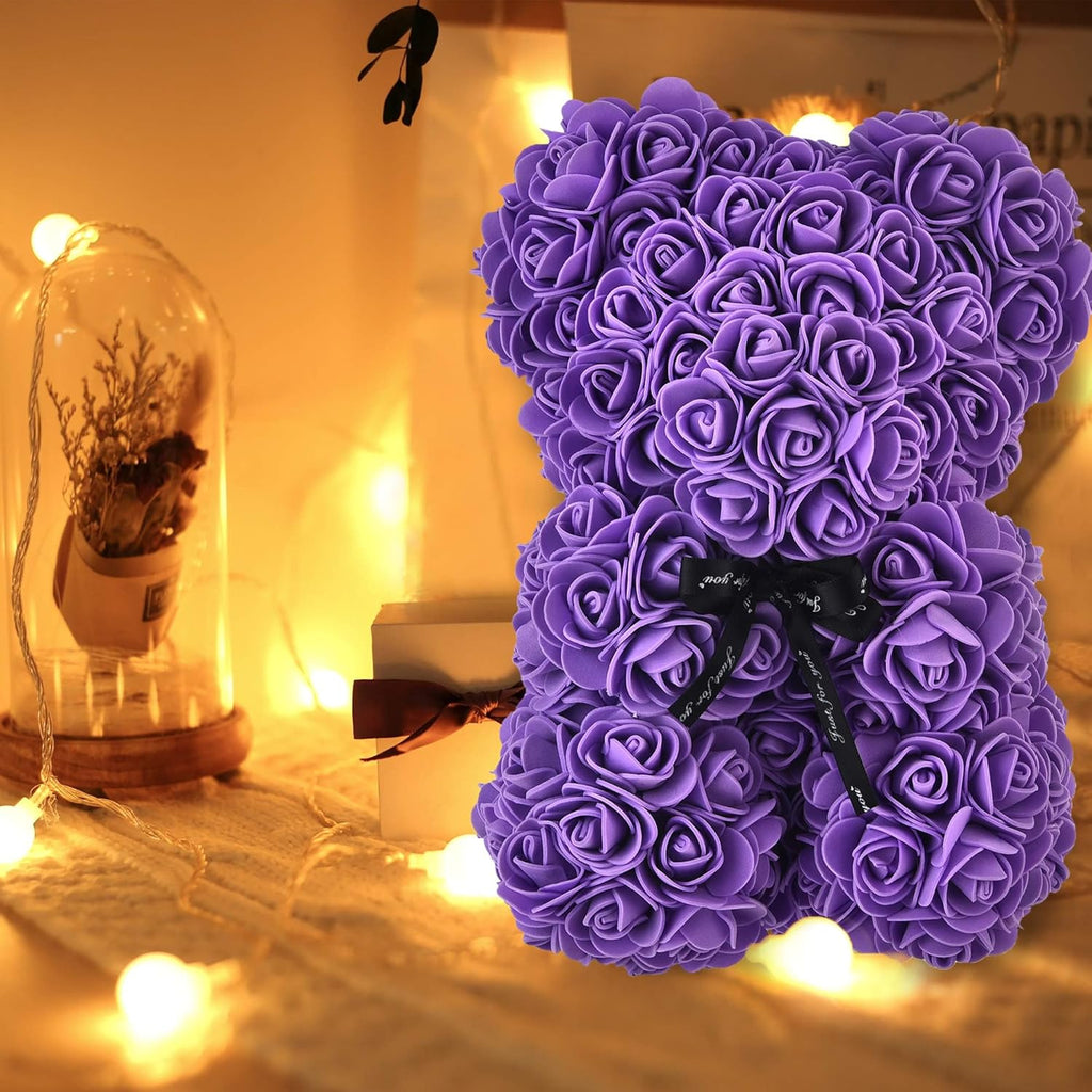 Artificial Flowers Rose Bear ,Rose Teddy Bear, Flower Bear Cub, Forever Rose Everlasting Flower for Window Display, Anniversary Christmas Valentines Gift (Purple)