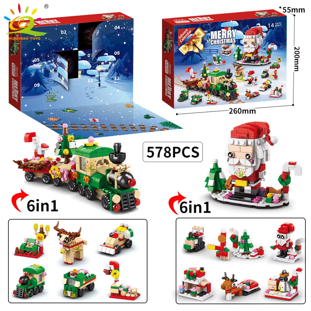 HUIQIBAO 12-Day Christmas Countdown Santa Claus Model Building Blocks Set - 6-in-1 Elk Brick Toys for Children and Adults
