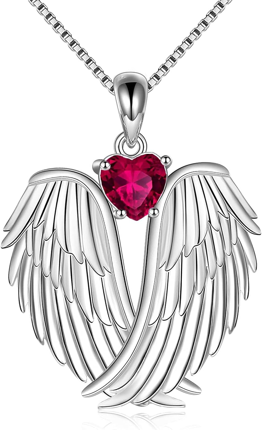 YFN Angel Wings Necklace 925 Sterling Silver Guardian Angel Wings Pendant Necklace Birthstone Necklace for Women Girls Christmas Jewelry Gifts