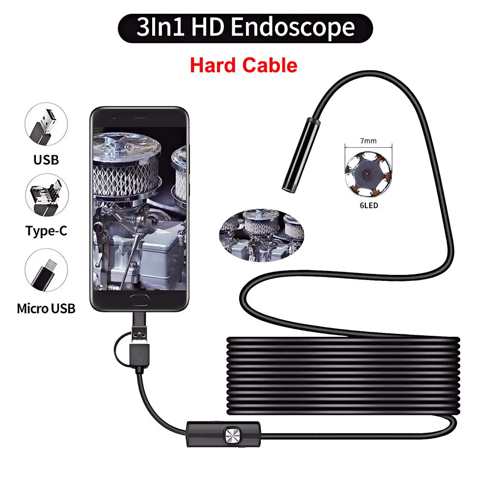 Practical 7MM Android Endoscope 3 in 1 Usb/Micro Usb/Type-C Borescope Inspection Camera IP67 Waterproof for Smartphone Computers
