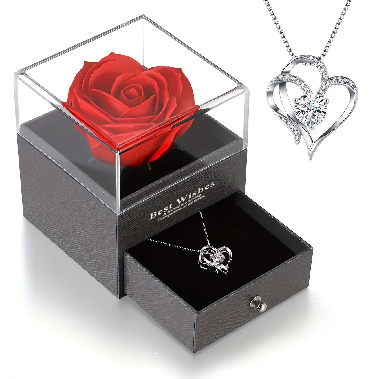 Elegant Rose Box with Heart Necklace - Ideal Gift for Women on Anniversaries, Birthdays, Christmas, and M's Day