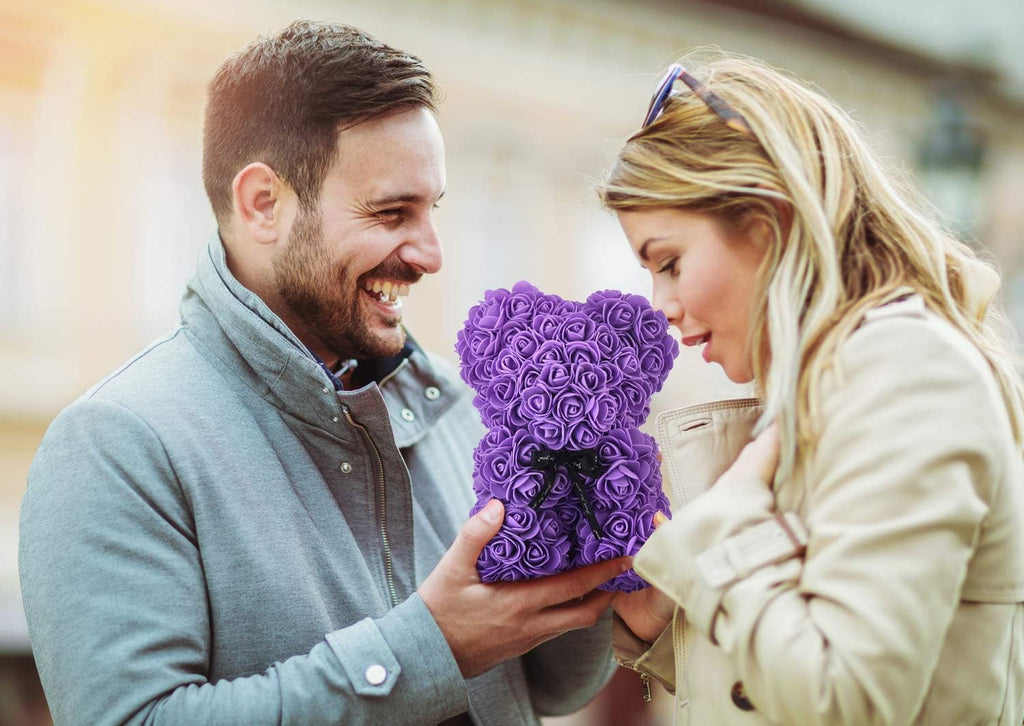 Artificial Flowers Rose Bear ,Rose Teddy Bear, Flower Bear Cub, Forever Rose Everlasting Flower for Window Display, Anniversary Christmas Valentines Gift (Purple)