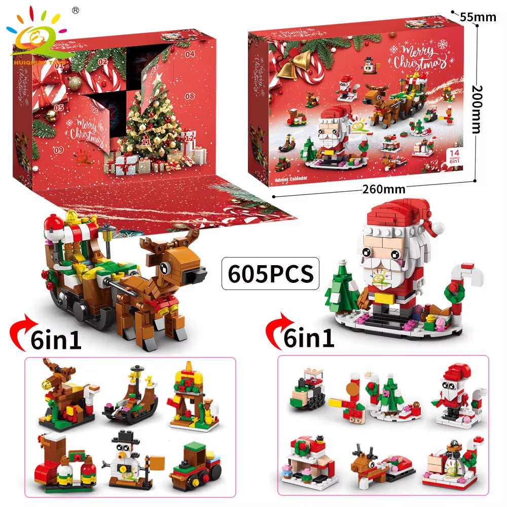 HUIQIBAO 12-Day Christmas Countdown Santa Claus Model Building Blocks Set - 6-in-1 Elk Brick Toys for Children and Adults