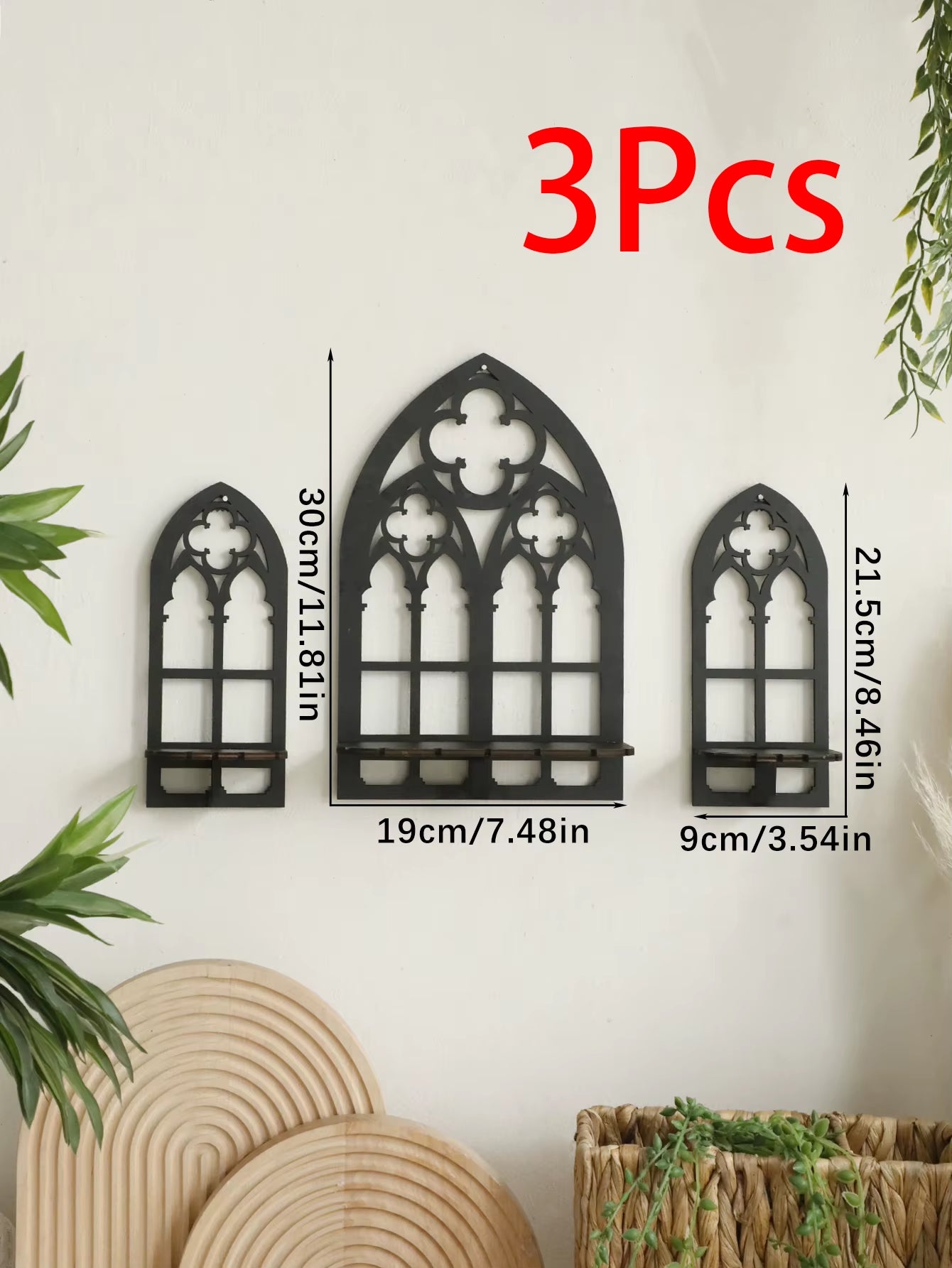 Black Gothic Wooden Floating Shelf - Vintage Fence Design Wall Decor and Crystal Holder