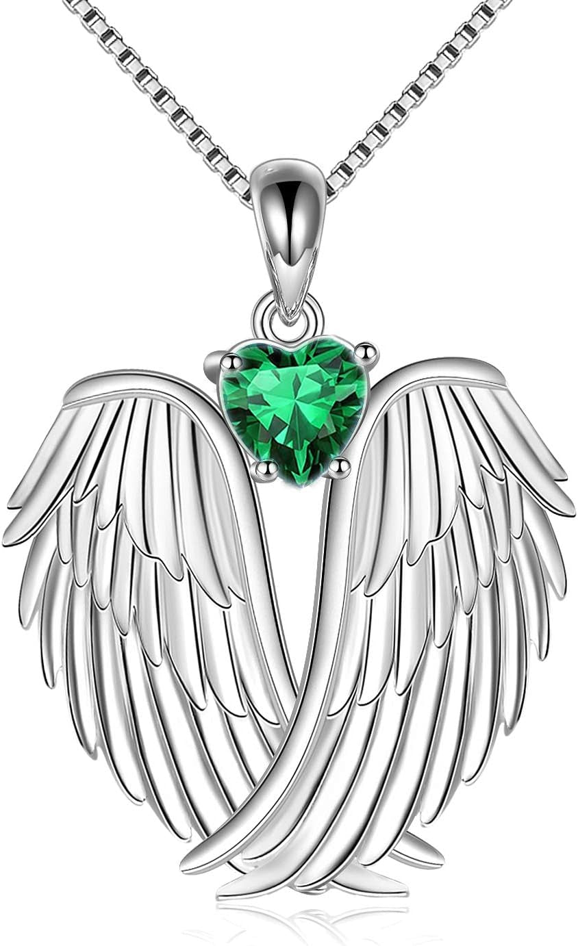 YFN Angel Wings Necklace 925 Sterling Silver Guardian Angel Wings Pendant Necklace Birthstone Necklace for Women Girls Christmas Jewelry Gifts